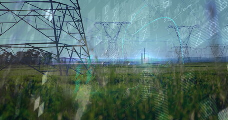 Dominating high-voltage tower extending lines across grassy field with binary overlay, copy space