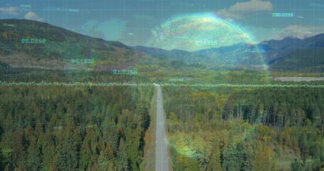Slicing two-lane highway bisecting forest valley, with grid and waveform overlay and numeric data