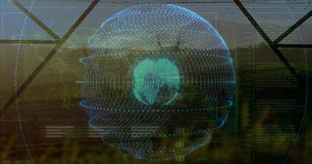Floating spherical data-point globe displaying binary code in greenhouse, with chart overlays