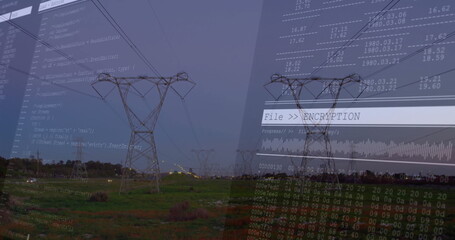 Displaying lattice steel tower carrying high-voltage lines in rural plain, with encryption overlay