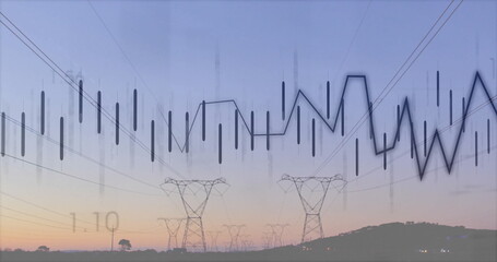 Transmission towers and power lines crossing hillside at dusk, overlaying digital candlestick chart