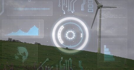 Spinning white wind turbine generating power on grassy hill, with hologram overlays, copy space