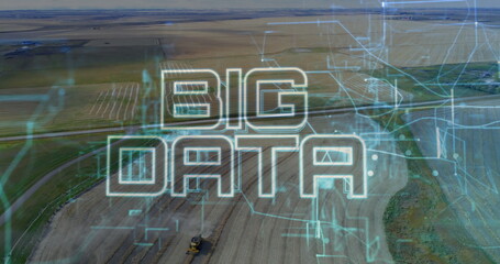 Displaying stylized BIG DATA text overlaying farmland, with tractor and circuit patterns