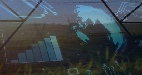 Projecting digital interface over grassland, showing globe, rising bar chart and circuit grid