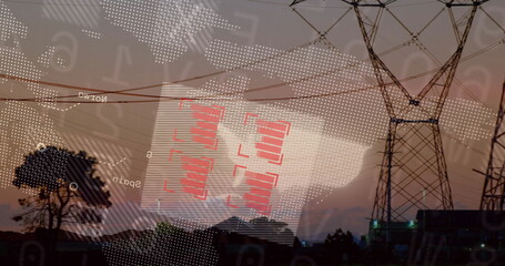 Featuring transmission tower fanning power lines over dusk sky, with overlay graphics, copy space