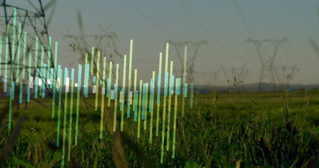 Displaying translucent digital equalizer overlay in field, with transmission towers, power lines