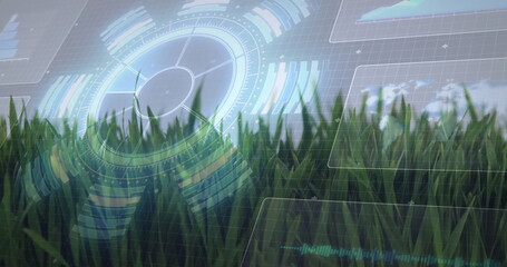 Displaying green blades in field, overlaying radial indicator, charts, map, waveform and hex grid