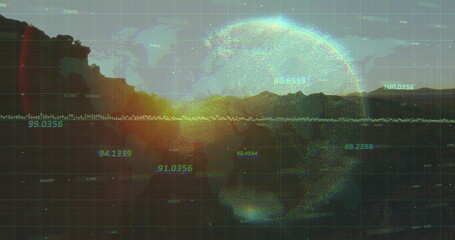 Displaying glowing data sphere over mountain silhouette, sun, world map grid, data line, copy space