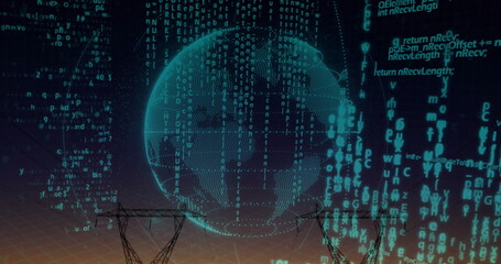 Streaming code shaping digital globe above transmission towers at dusk, with network visualization