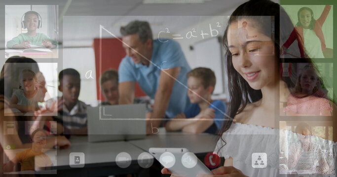 Female teen holding smartphone in classroom, showing call windows and triangle equation, copy space - Powered by Adobe