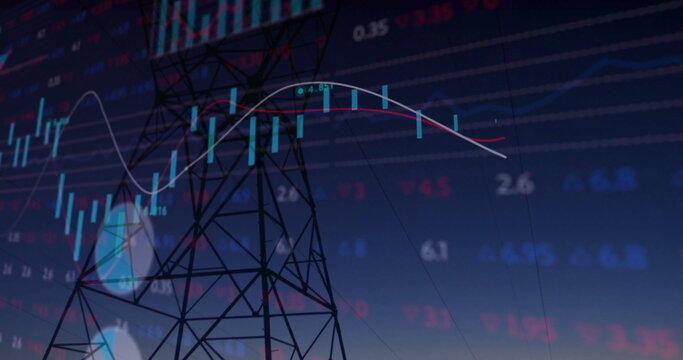 Displaying transmission tower silhouette against dusk skyline, with power lines, financial overlays