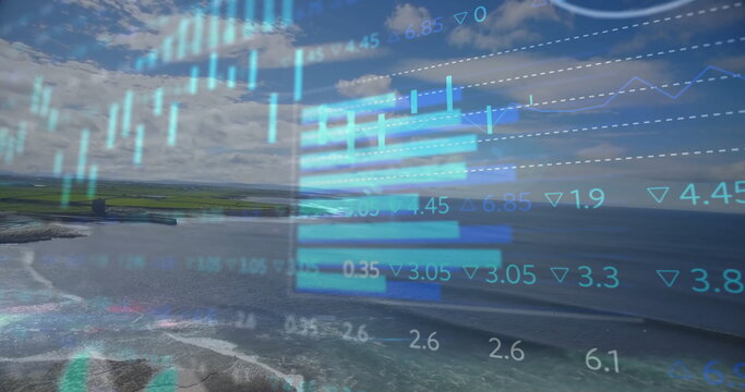 Displaying digital financial charts overlaying rocky coast, with ocean waves and marshy fields