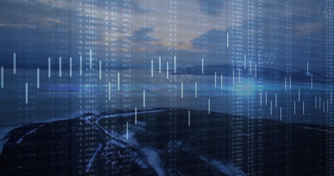 Displaying snow-dusted peninsula winding into calm water at dusk, with candlestick chart overlay - Powered by Adobe