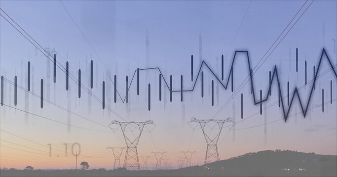 Transmission towers and power lines crossing hillside at dusk, overlaying digital candlestick chart