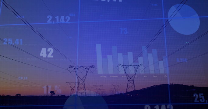 Stretching steel transmission towers and power lines across rural field at dusk, with data overlay