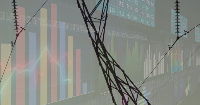 Displaying power tower silhouette with cables over charts graphs and tables in data visualization