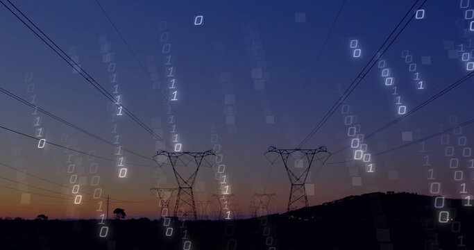 Fototapeta Stretching high-voltage towers and power lines spanning hills at dusk, with binary digits overlay