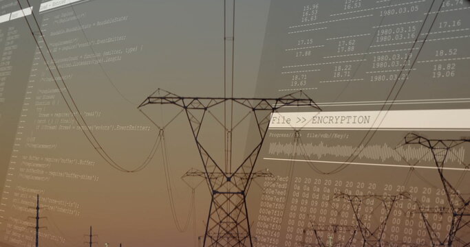 Towering lattice pylon bearing high-voltage lines at sunset, with binary code and encryption window