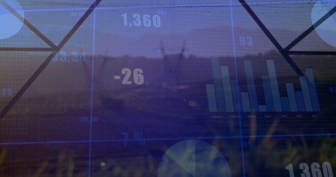 Displaying gridlines on dusk grassland with bar chart, circular segments and values 1,360 and -26