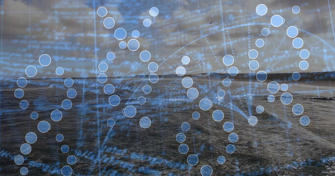 Fototapeta Displaying digital DNA helix floating over sea at dusk, with nodes, grid lines and code text