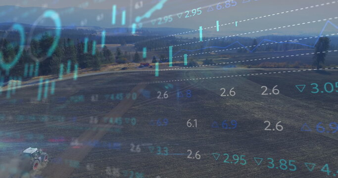 Working red tractor harvesting field by tree line and hills, with financial charts, copy space - Powered by Adobe