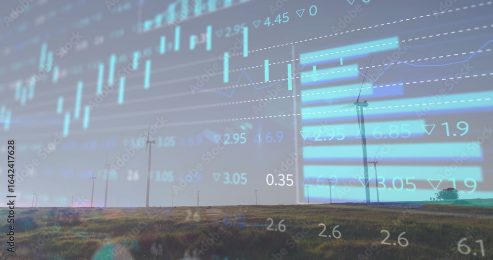 Poster displaying candlestick and bar charts overlaying grassland wind farm turbines and numeric data