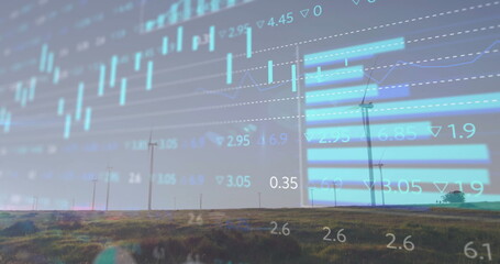 Displaying candlestick and bar charts overlaying grassland wind farm turbines and numeric data