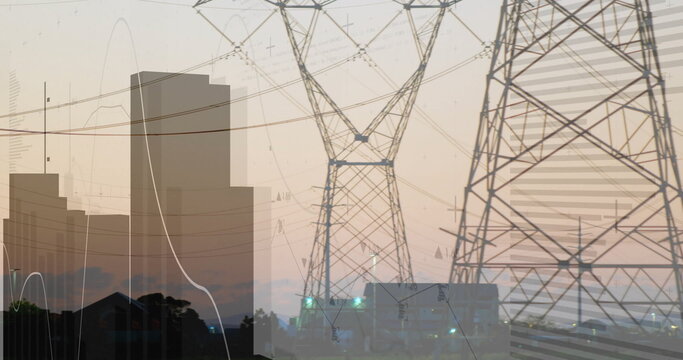 Three steel lattice power towers standing at power substation at dusk, with overhead power lines - Powered by Adobe