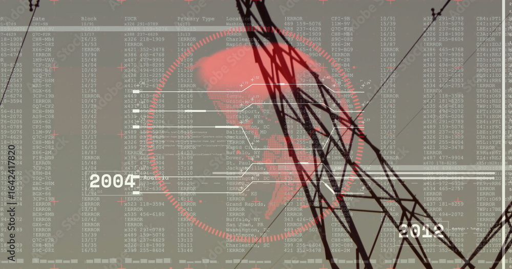 Aufkleber displaying red globe with circuit overlay on screen, with towers, errors and labels 2004, 2012