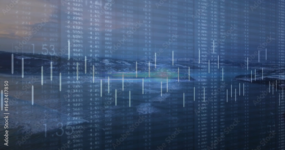 Poster overlaying financial chart blending into ocean view, featuring candlestick bars and numeric data