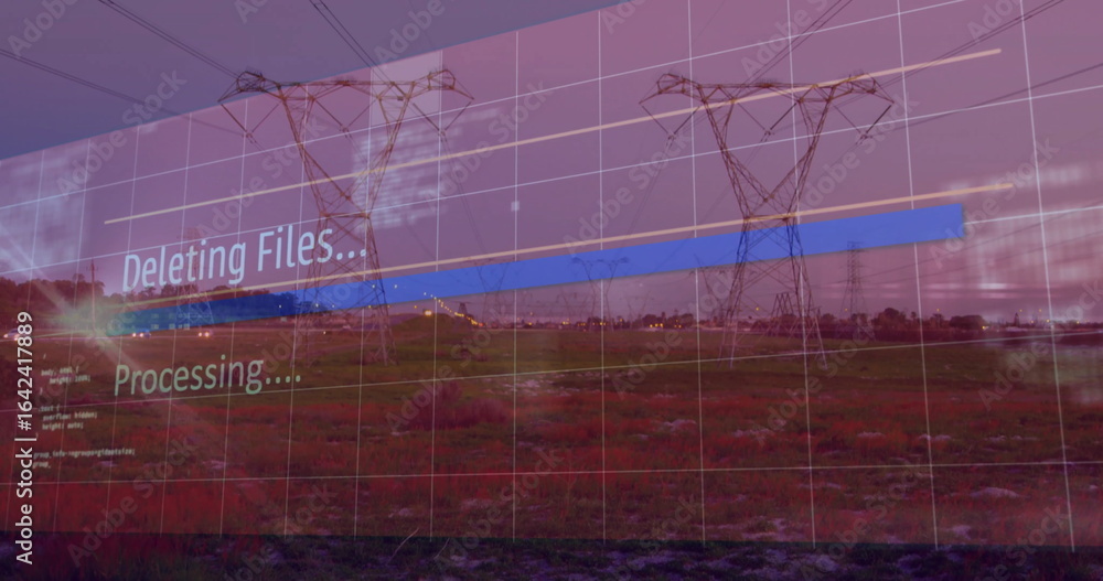 Poster displaying progress bar deleting files over rural field at dusk, with grid overlay, power towers