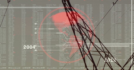 Displaying red globe with circuit overlay on screen, with towers, errors and labels 2004, 2012