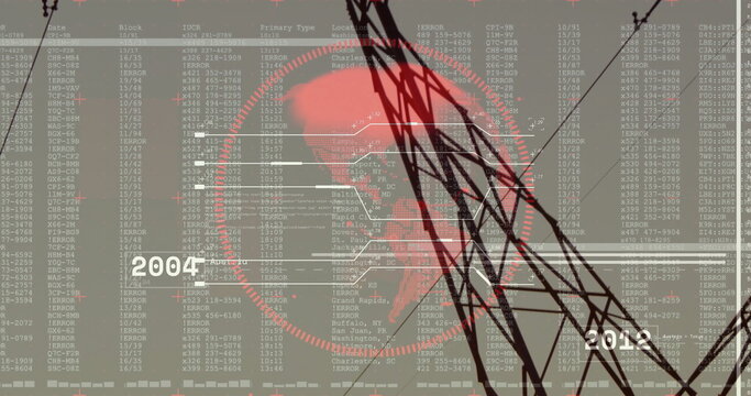 Displaying red globe with circuit overlay on screen, with towers, errors and labels 2004, 2012