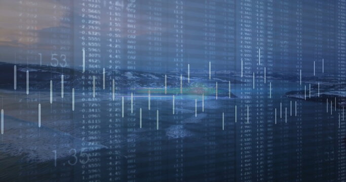 Overlaying financial chart blending into ocean view, featuring candlestick bars and numeric data