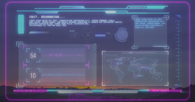 Fototapeta Scanning neon purple HUD overlay with data panels over open plain during sunset, showing readouts