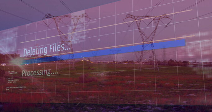 Displaying progress bar deleting files over rural field at dusk, with grid overlay, power towers - Powered by Adobe