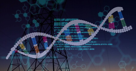 Displaying DNA helix floating over tower site at dusk, with code overlay and hexagonal patterns