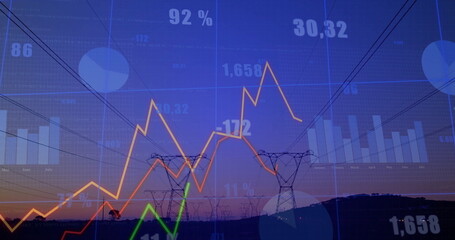 Displaying transmission towers and power lines rising on hill at dusk, with financial data overlays