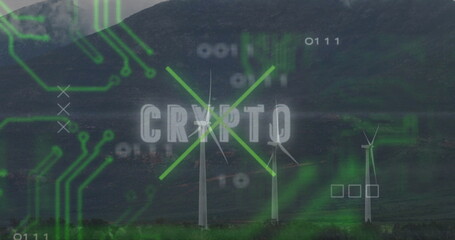 Showing three wind turbines rising on grassy plateau beneath mountain, with crypto circuit overlay