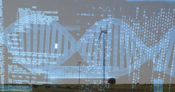 Floating semi-transparent DNA double helix cascading over grassy field at dusk, with wind turbines - Powered by Adobe