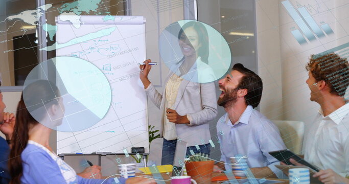 Presenting professional wearing blazer explaining flip chart diagrams in office, with notebooks - Powered by Adobe