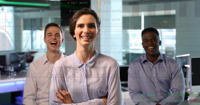 Standing professionals wearing business attire smiling in office with monitors, data chart overlay
