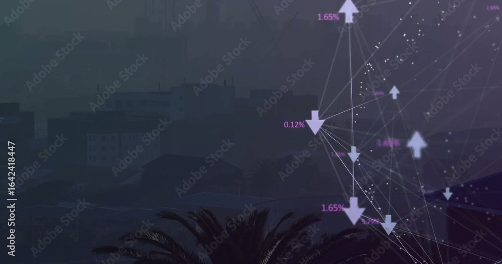 Poster displaying network graph overlay with percentage labels over skyline with palm trees, copy space