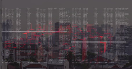 Displaying digital overlay projecting over skyline from rooftop, with data columns and red outlines