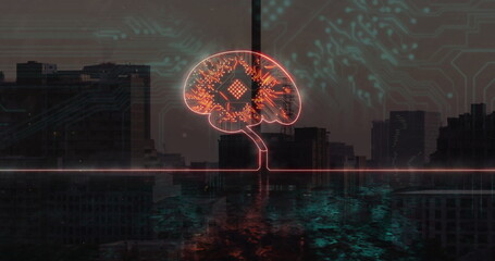 Glowing neon digital brain hovering above skyline with water reflection, circuit traces, neon line