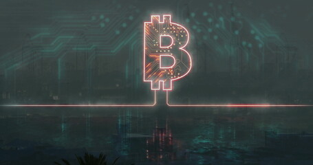 Neon Bitcoin logo glowing in plaza at night, with circuit overlay, glowing line, reflective surface