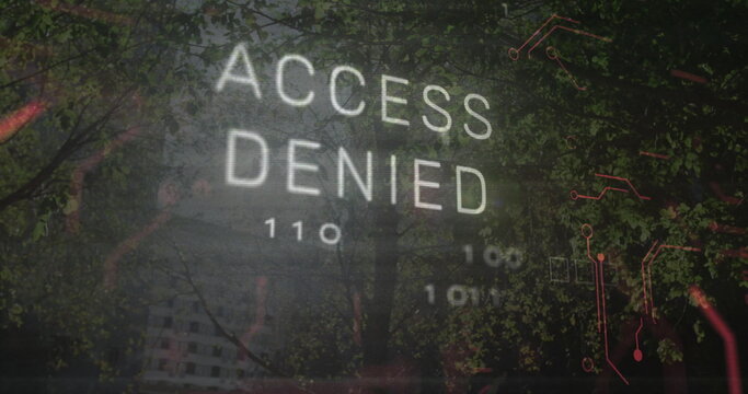 Displaying 'ACCESS DENIED' text overlaying dense forest, with binary code and red circuit traces