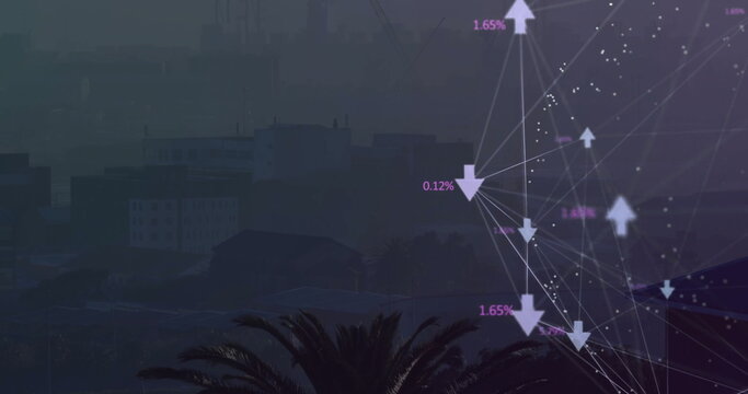 Displaying network graph overlay with percentage labels over skyline with palm trees, copy space