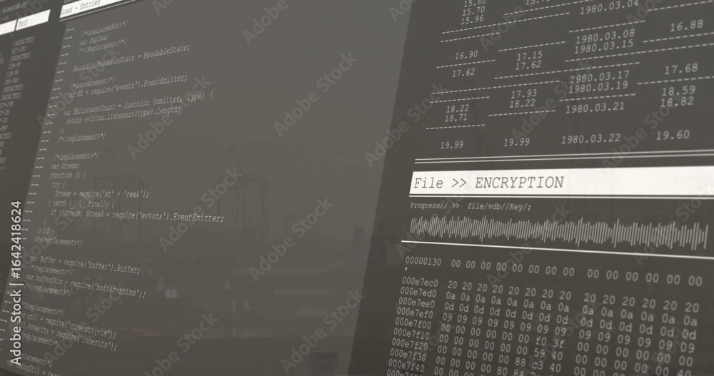 Poster dual monitors displaying file encryption code, data table, hex dump in office, with progress bar