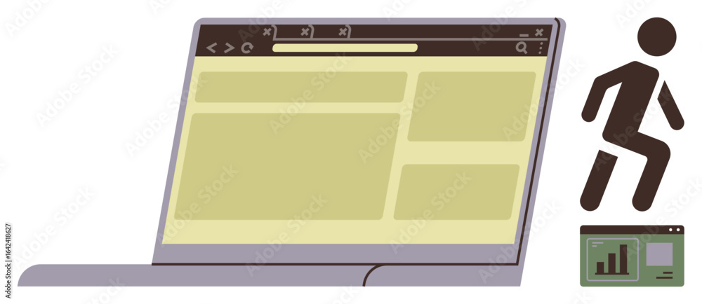Poster open laptop interface with browser windows, person icon jumping, and mini data visualization. ideal 